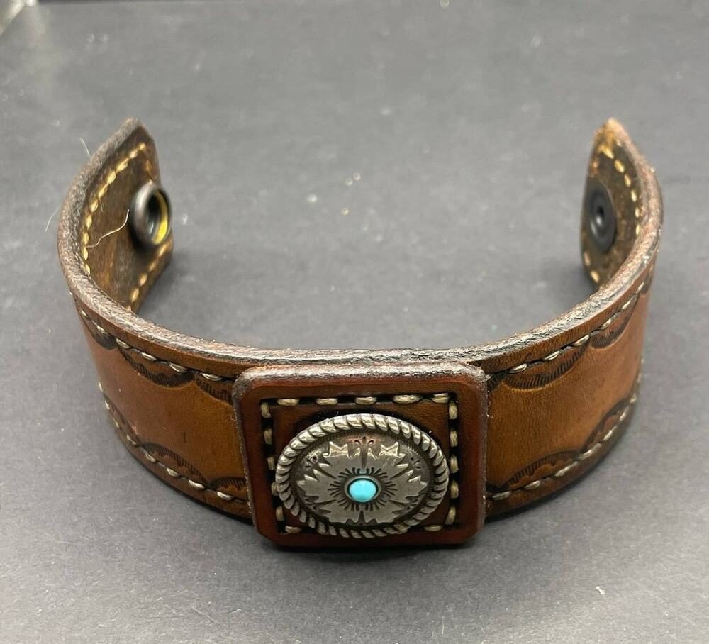 Western Leather Cuff Bracelet Hand Tooled Southwestern Concho Turquoise Snap